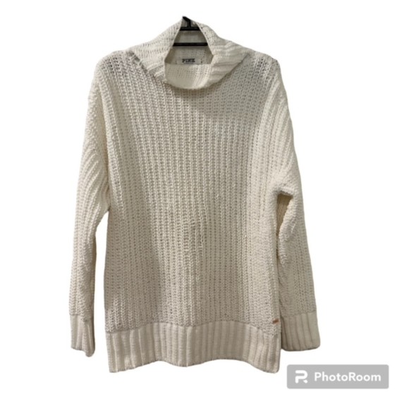 PINK Womens White Mock Neck White Ribbed Hem Open Knit Oversized Sweater Size XS - Picture 1 of 9